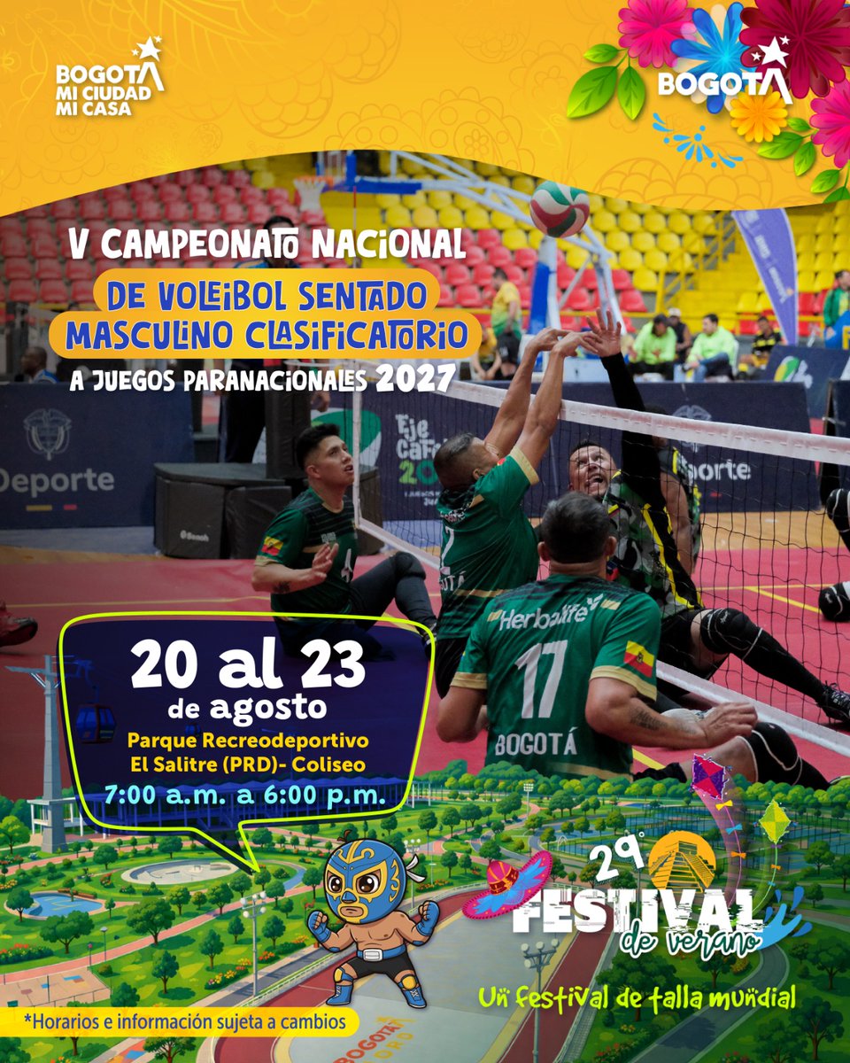 IDRD's tweet photo. 🏐 ¡Bogotá se prepara para vivir el voleibol sentado!

Del 20 al 23 de agosto, el Parque Recreodeportivo El Salitre (PRD) – Coliseo será escenario del V Campeonato Nacional de Voleibol Sentado Masculino Clasificatorio a los Juegos Paranacionales 2027.

Una competencia que reunirá talento, esfuerzo y pasión por el deporte adaptado. 💪🏽🔥

📍 Parque Recreodeportivo El Salitre (PRD) – Coliseo
📅 20 al 23 de agosto
⏰ 7:00 a. m. a 6:00 p. m.
🎟️ Entrada libre.

#UnFestivalDeTallaMundial
#AquíSíPasa, Bogotá, mi ciudad, mi casa.