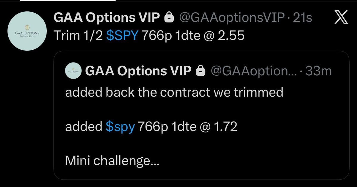 GaaOptions's tweet photo. I took $SPY 766p 1dte below my 767 trigger

Round 1 @ 1.8 to 2.4+
Round 2 @ 1.7 to 2.6+

I told you I’m going to be doubling my member’s $500 accounts today.

Handholding the finest. https://t.co/eia4O9zLMJ