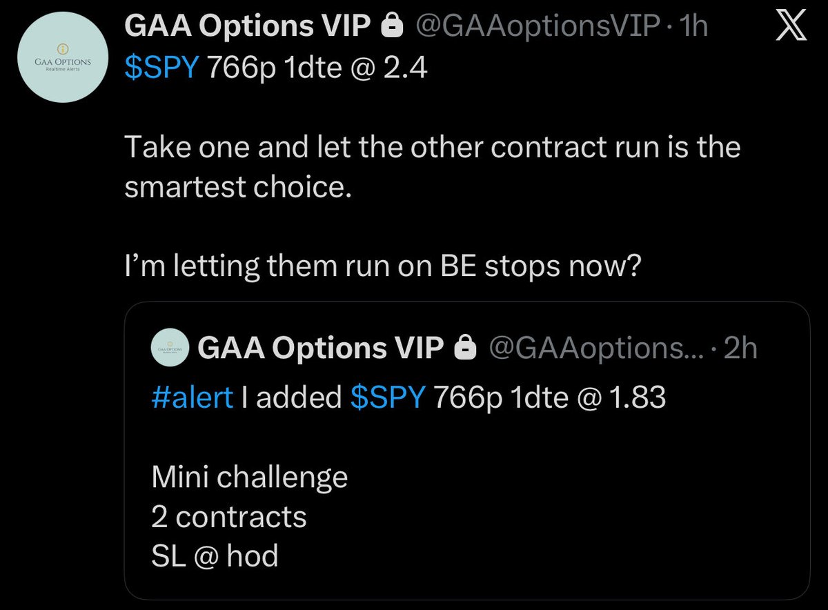 GaaOptions's tweet photo. I took $SPY 766p 1dte below my 767 trigger

Round 1 @ 1.8 to 2.4+
Round 2 @ 1.7 to 2.6+

I told you I’m going to be doubling my member’s $500 accounts today.

Handholding the finest. https://t.co/eia4O9zLMJ