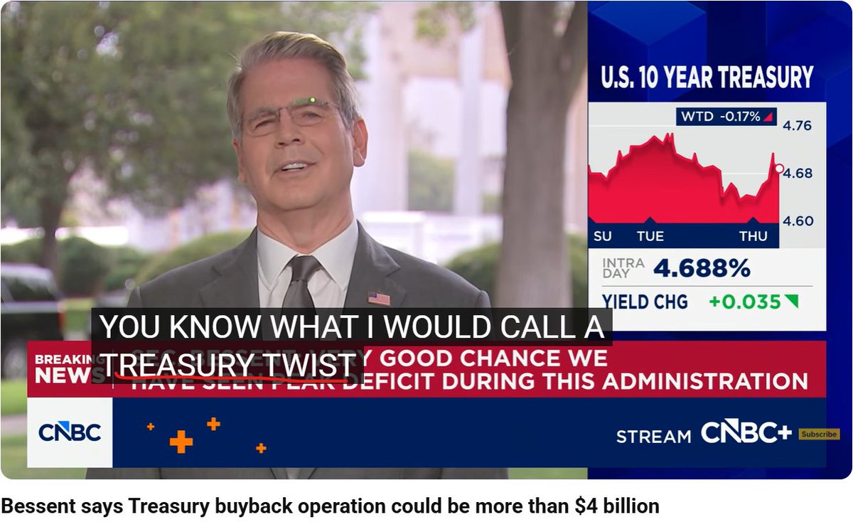 josephwang's tweet photo. Bessent describes his buybacks as a "Treasury Twist" suggesting that it is changing the duration of Treasuries outstanding. The prior Admin swore up and down the buyback program would not be a tool to adjust duration, but many of us knew better :) https://t.co/qhniTdFTX3