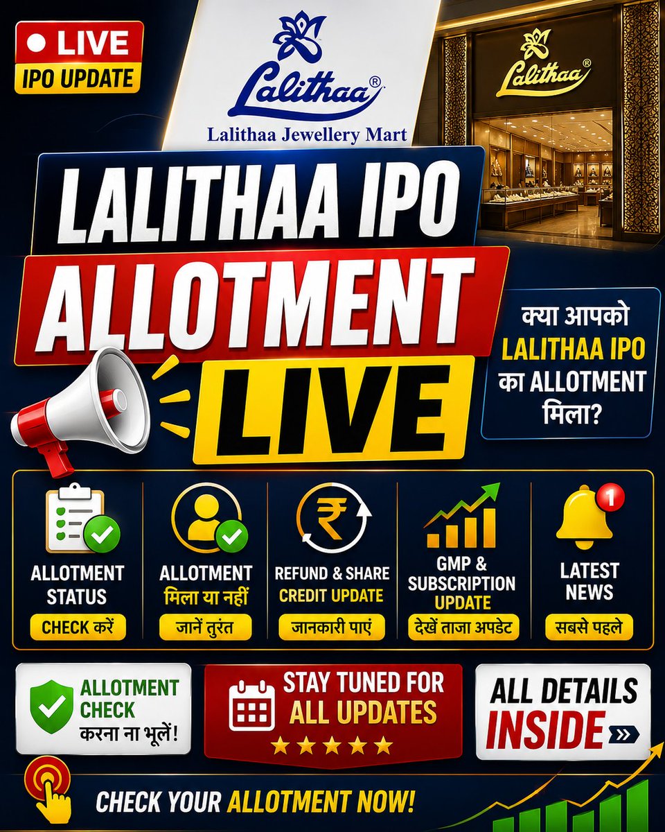 PankajIPOIndia's tweet photo. 🚨 Lalithaa Jewellery IPO ✅ Bank Process Started 🥳 . Official Announcement 📣 Of Result In MUFG Site In Few Minutes. 

Wishing Every Investor All The Best . Good Luck For Next IPO ✅ https://t.co/YxENI2Pne0