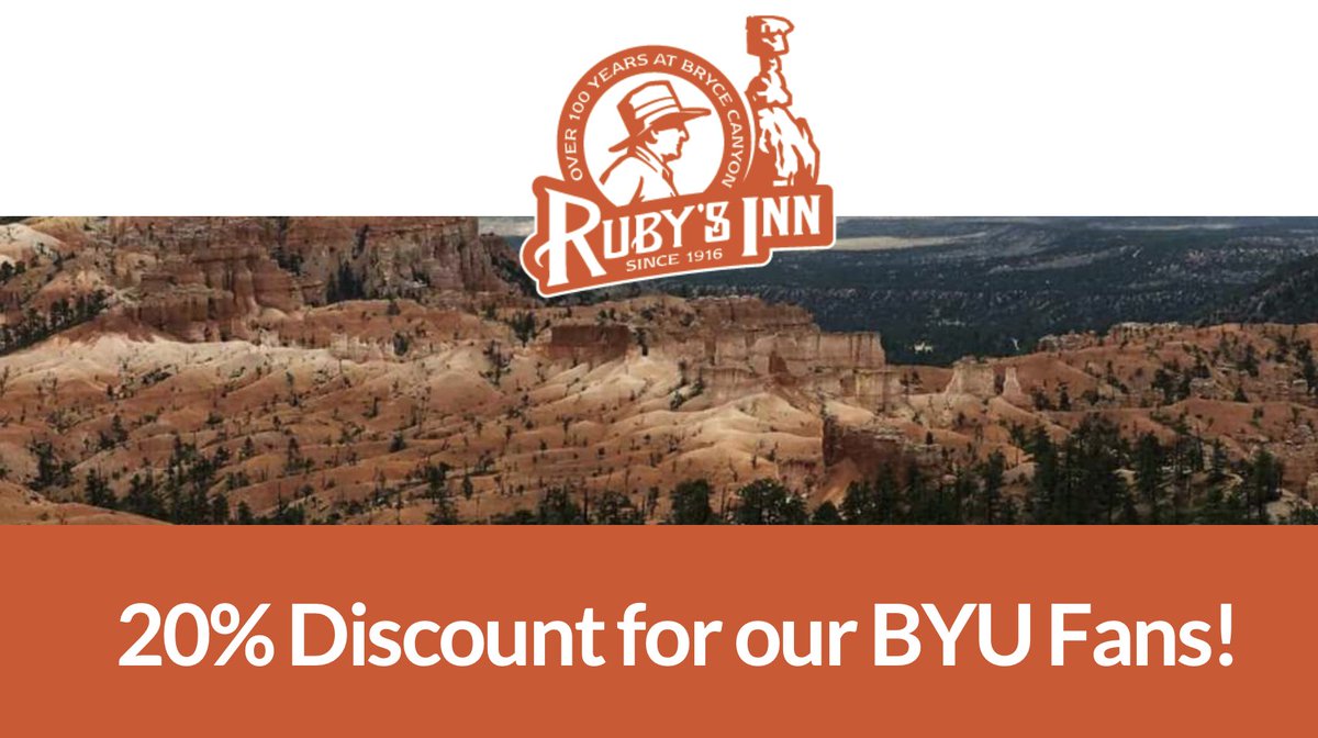 CougSportsMedia's tweet photo. COUGAR FANS! Ruby's Inn has joined with ESPN The Fan to offer an exclusive discount on lodging at Ruby's Inn.

Ruby's Inn is the closest accommodation to Bryce Canyon National Park. We have something for the whole family; A wide variety of activities for any season of the year.

https://t.co/hpL1HQgXmj