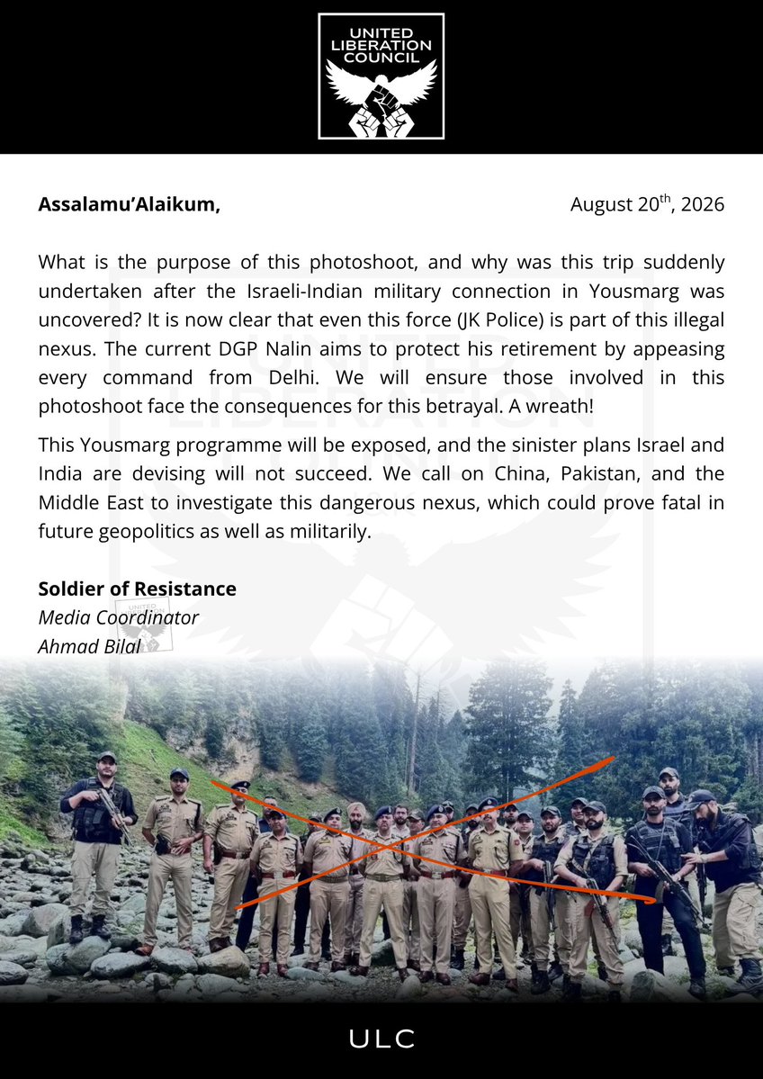NewsDeskKC's tweet photo. ULC issues a statement on the JKP, Nalin Prabhat, and the Yousmarg Indian-Israel nexus.

20/08/2026 https://t.co/zeW4otHfol