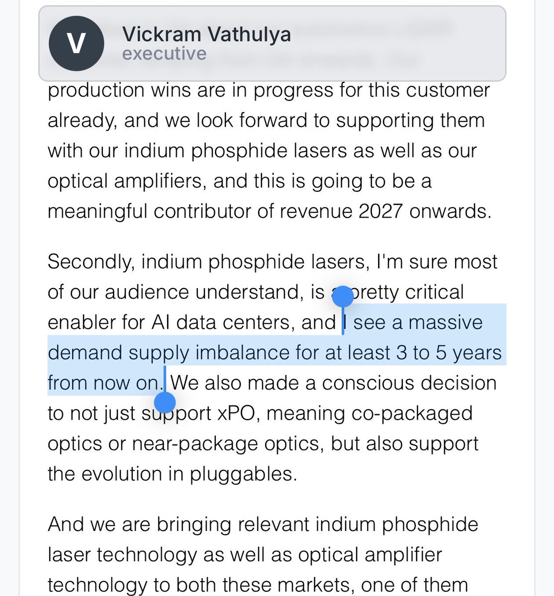 aleabitoreddit's tweet photo. Very positive. My opinion is that the optical sector underperformance recently from $AAOI to $SIVE has been absurd.

The demand visibility... is just way too stupidly high.

AOI: “Even combined AOI, Coherent program altogether, is still very tough to meet the customer demand in the next 3 years” (2029)

Elazr GM: "entire optical supply chain was facing major shortages." "The shortage will continue to the next few years"

Sivers CEO said the same thing about InP laser demand imbalances expected for the next 3-5 years.

Can go on and on about $LITE, $MTSI and other comments.

We haven't even hit the inflection point with 1.6T, NPO, CPO scale out/up, and optics with memory (as seen with SK Hynix).

Yet the industry is already bottlenecked by EML/CW and all your other upstream components from PDs/TIA/DSPs, transceivers, and soon FAU + others when CPO scales… 

I'm personally extremely comfortable watching this all play out, but just a little confused that markets don't know how to math a year or two ahead.