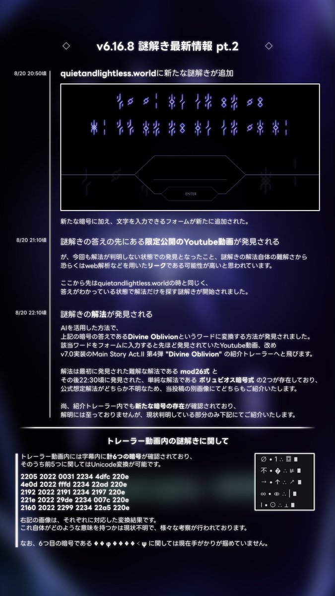 sharPexc928's tweet photo. 昨日21時頃に始まったv6.16.8謎解きpt.2の解法＆タイムラインです

前回投稿の知識が必要な部分がございますので、リプに記載しておきます

前回同様急ぎですので、拙い部分や修正等あるかもしれませんが、参考になれば幸いです
#arcaea https://t.co/D5sv6QjeU6