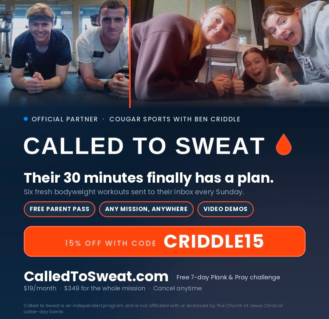 CougSportsMedia's tweet photo. If you’ve got a missionary out right now, they get 30 minutes to exercise every morning. No gym. No equipment. And many of them have no idea what to do with it.

Called to Sweat sends them a plan. 6 workouts, every Sunday, straight to the missionary email. 30 minutes each, all bodyweight, video demo for every exercise. Works in any mission, anywhere in the world.

$19 a month. Try it free for a week. https://t.co/EzjkIXL613.

USE Criddle15 for 15% off your order at checkout
