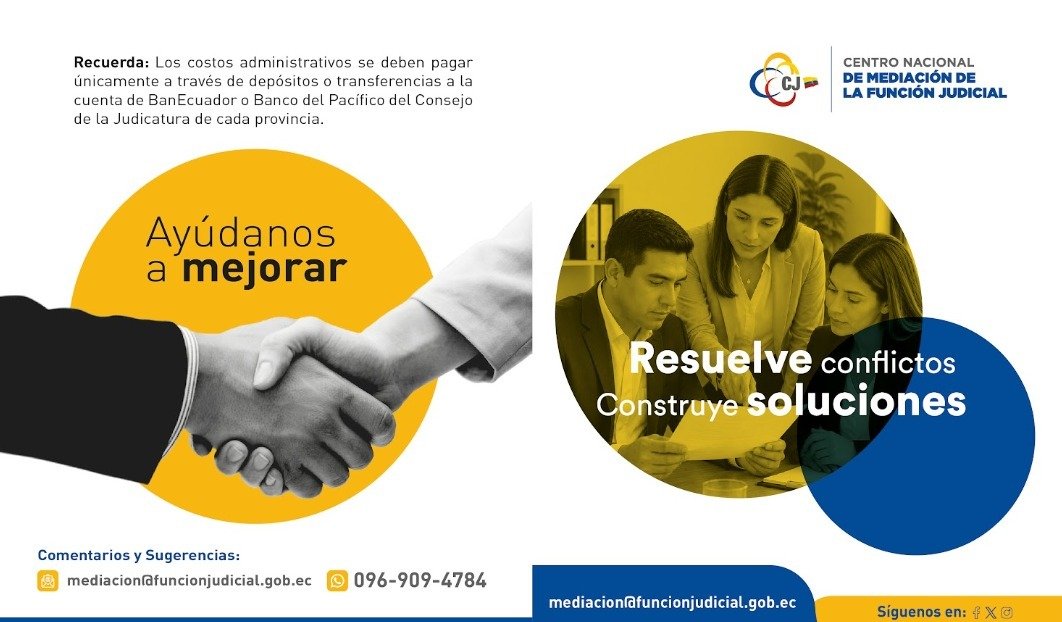 MediacionCJ's tweet photo. 📢 | #Mediación

¿Tienes un conflicto? La mediación puede ayudarte a encontrar una solución. 🤝

El Centro Nacional de Mediación de la Función Judicial cuenta con 140 oficinas distribuidas en las 24 provincias del país, acercando este servicio a la ciudadanía.

⚖️ Puedes acceder a la mediación de manera presencial o telemática, en materias como familia, civil, laboral, tránsito, inquilinato, consumidores y usuarios, contratación pública, entre otras.

💡 Además, existen materias sin costo por el servicio de mediación y otras en las que corresponde el pago de tasas administrativas. Conoce toda la información escaneando el código QR de la pieza.

#Mediación #resuelveconflictos #construyeacuerdos🤝