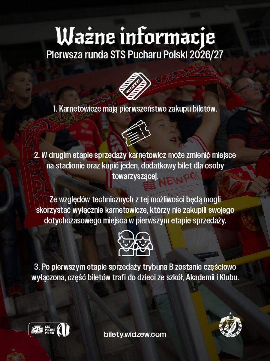 RTS_Widzew_Lodz's tweet photo. Sprzedaż biletów na mecz @PZPNPuchar z Koroną Kielce ruszy w poniedziałek o godz. 12:00 🏆

Pierwszy etap będzie przeznaczony dla karnetowiczów, którzy chcą zachować dotychczasowe krzesełko na stadionie 💺

W drugiej fazie posiadacze abonamentów będą mogli zmienić miejsce oraz zakupić jedną wejściówkę dla osoby towarzyszącej 🤝🏻

Otwarta dystrybucja zacznie się w czwartek 🎟️

Ceny, z wyłączeniem sektorów A5/A6/A7/A8, pozostaną takie same jak w przypadku ligowego spotkania 🏟️

Szczegóły: https://t.co/FzCkmH6uru