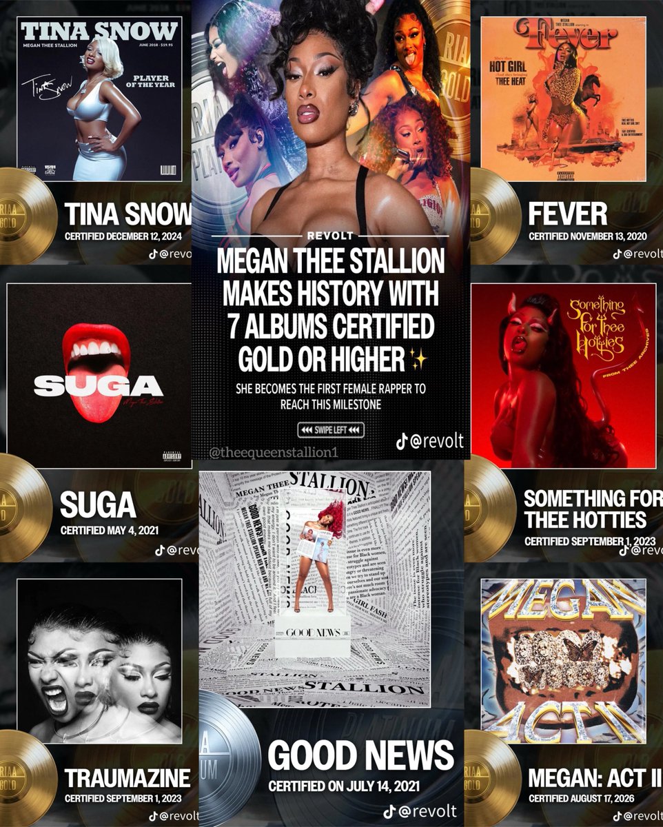 queen_stallion1's tweet photo. FUN FACT: Megan Thee Stallion makes History becoming the FIRST female rapper to have 7 Hip Hop/Rap Albums RIAA Certified Gold or higher💕 https://t.co/83VC43a7l3