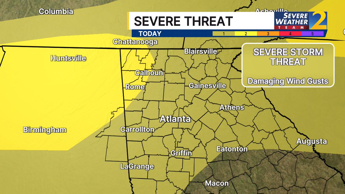 BradNitzWSB's tweet photo. Severe storm threat upgraded in NW Georgia, now level 2 out of 4. The storms will move in this evening and push into the metro area tonight. Damaging wind gusts are the main threat. I'll be tracking the storms live on Channel 2. https://t.co/mXs0ZHVZ3F