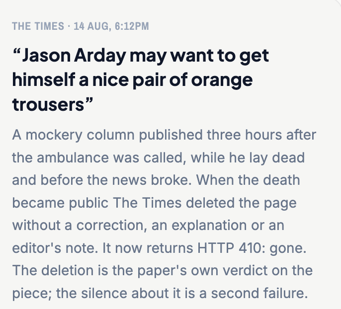 newscord_org's tweet photo. The Times quietly deleted this disgraceful headline.

It was published several hours before the news broke that Dr Jason Arday had died earlier that day.

Quiet deletions, without clearly notifying readers, are a breach of IPSO's code of conduct, the regulator of The Times. https://t.co/OlV1qsvr3N