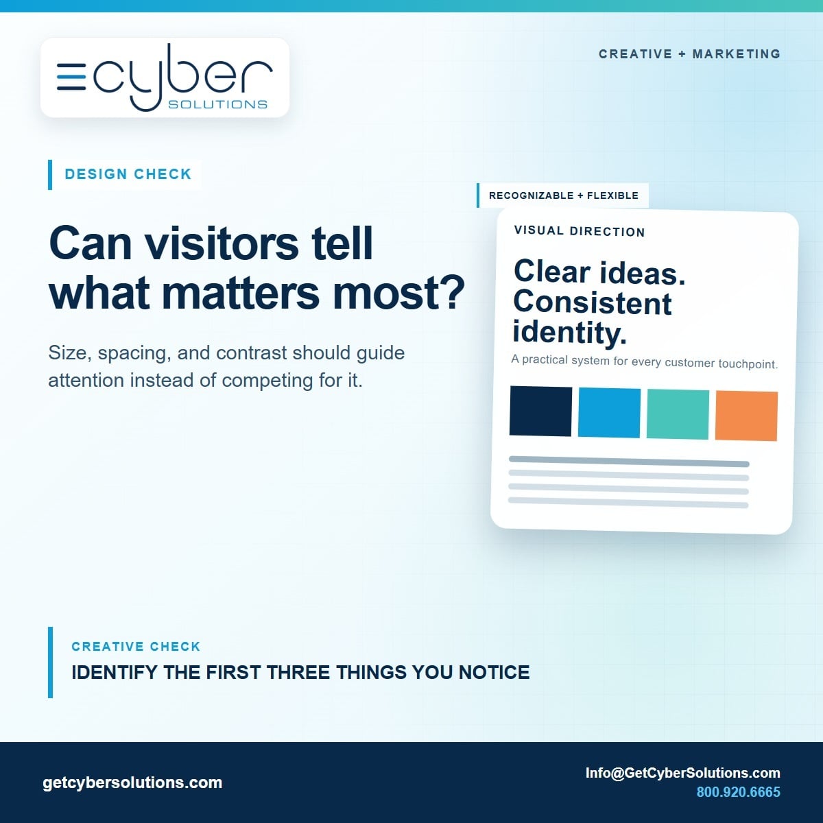 CyberSolutionsX's tweet photo. Great design gives the eye a clear path to follow.

Quickly scan your webpage. Does the headline, message,  and next step stand out in a logical order?

Give your most important message a clear path.

800.920.6665
creative@getcybersolutions.com

#VisualHierarchy #WebDesign #UX https://t.co/6JGnH38MeB