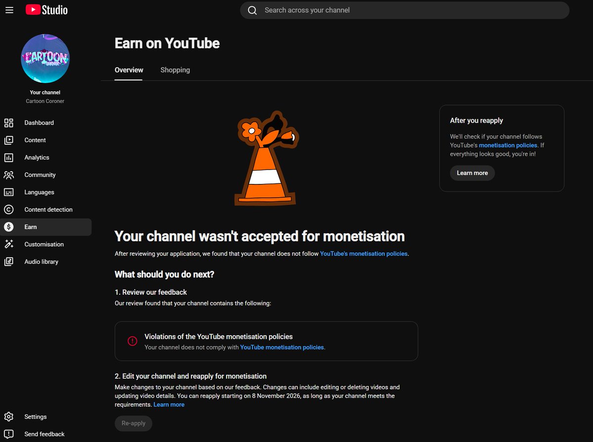 hughdoesyoutube's tweet photo. Hi, @TeamYouTube I need your help appealing my channels monetization!

 "Our channel evaluations follow standardized policy guidelines and review workflows to maintain consistent enforcement across the platform. Because of this structured process, management cannot perform manual overrides or bypass standard review decisions outside the established appeal system."

How is this fair, you give everyone else proper reviews for monetization "reapplications," but when someone fixes a channel you give them a vague response like "Violations of the YouTube monetisation policies"

PLEASE RT + LIKE! 💔

Channel URL:  https://t.co/Yor8UiPYnh
