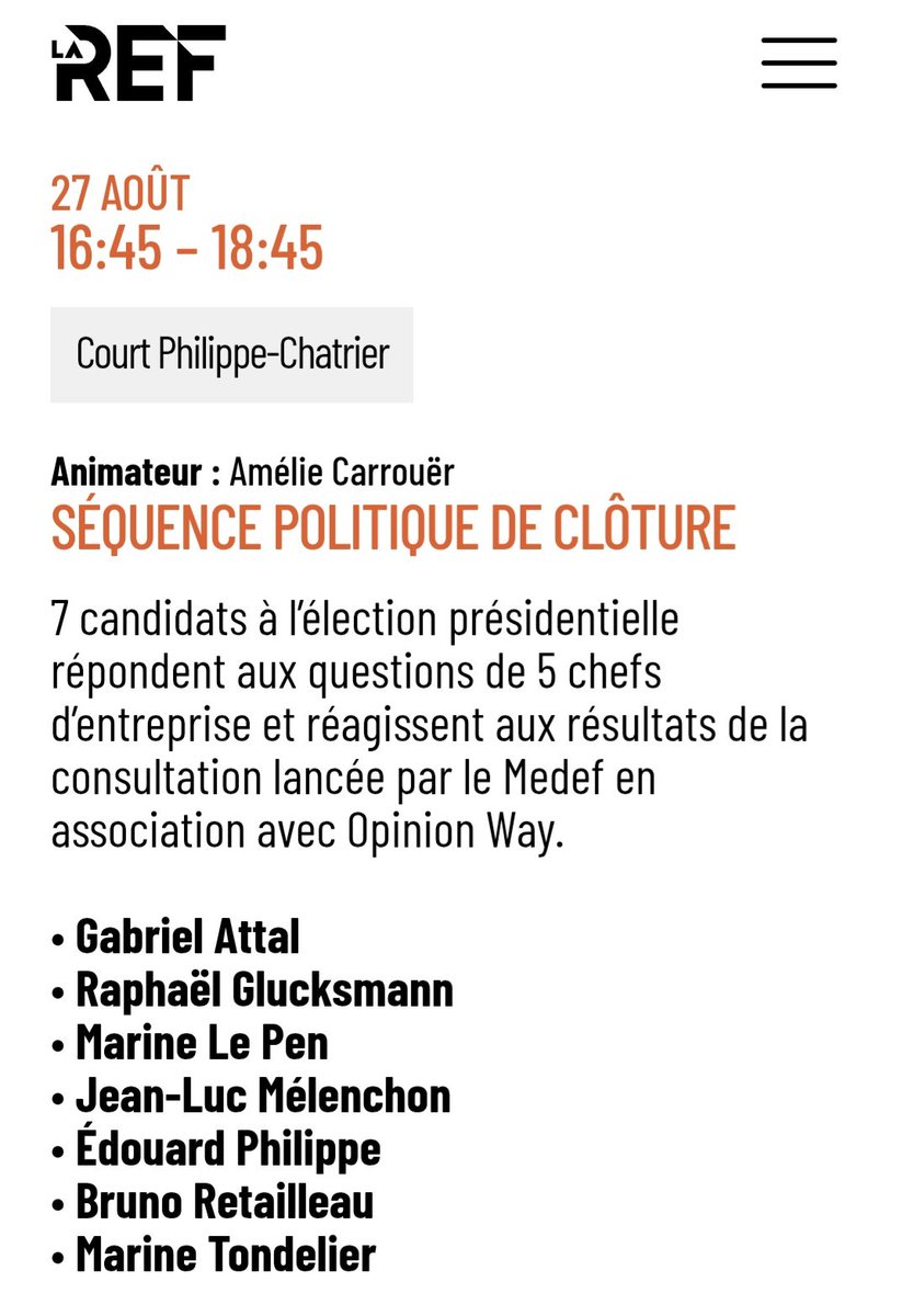 PascalBillat's tweet photo. Je ne voudrais pas vous paraître désobligeant, cher @PatrickMartin_1, mais je crois avoir décelé une double coquille dans la présentation du programme des Rencontres des Entrepreneurs de France que vous organisez la semaine prochaine avec le @medef.  
D'abord, parmi les participants à ce que vous appelez la "Séquence politique de clôture", un intrus s'est glissé dans la liste des "7 candidats à l'élection présidentielle" puisque, sauf preuve du contraire, @rglucks1 n'a pas annoncé sa candidature à ce scrutin. D'après la presse, il n'annoncera sa décision qu'en septembre et vous ne pouvez pas présager de quel côté va tomber la pièce. 🔮 
Ensuite, @davidlisnard qui, lui, a officiellement annoncé qu'il serait candidat à l'élection présidentielle, n'est pas présenté comme tel dans le débat qui l'opposera à @Fabien_Roussel. Alors, juste une question : pourquoi❓️🤔 
Je pense que le plus simple (et, accessoirement, le plus correct lorsqu'on est attaché à la stricte vérité des faits), consisterait à permuter les horaires de passage entre @davidlisnard et @rglucks1 de sorte que votre programme, au demeurant fort intéressant, ne souffre d'aucune ambiguïté et d'aucune contestation possible. 
Merci de m'avoir lu. Et de corriger.
#LaREF2026 
#OnRefaitLeProgramme