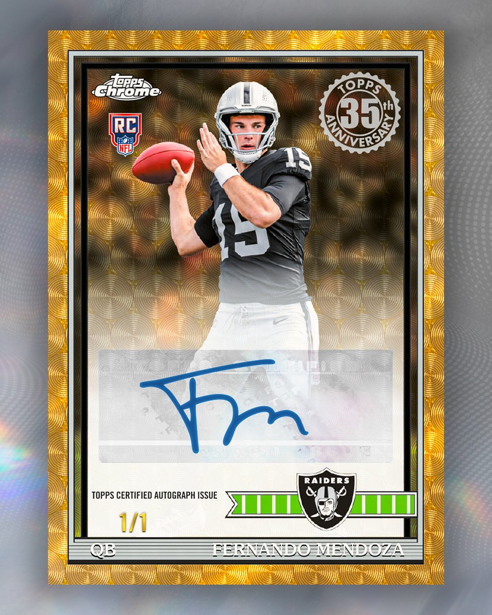 Topps's tweet photo. FIRST LOOK: Fernando Mendoza's 1/1 Silver Pack Superfractor Autograph in Topps Flagship Football https://t.co/alyDaIEpU0
