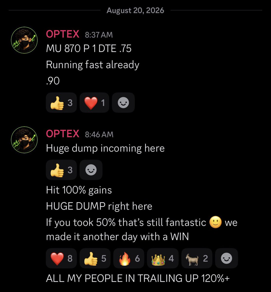 optextrades's tweet photo. Members killed it again in the discord today!!! 🥳👏
$MU $MRNA $SPY https://t.co/qfvWJLp8wP