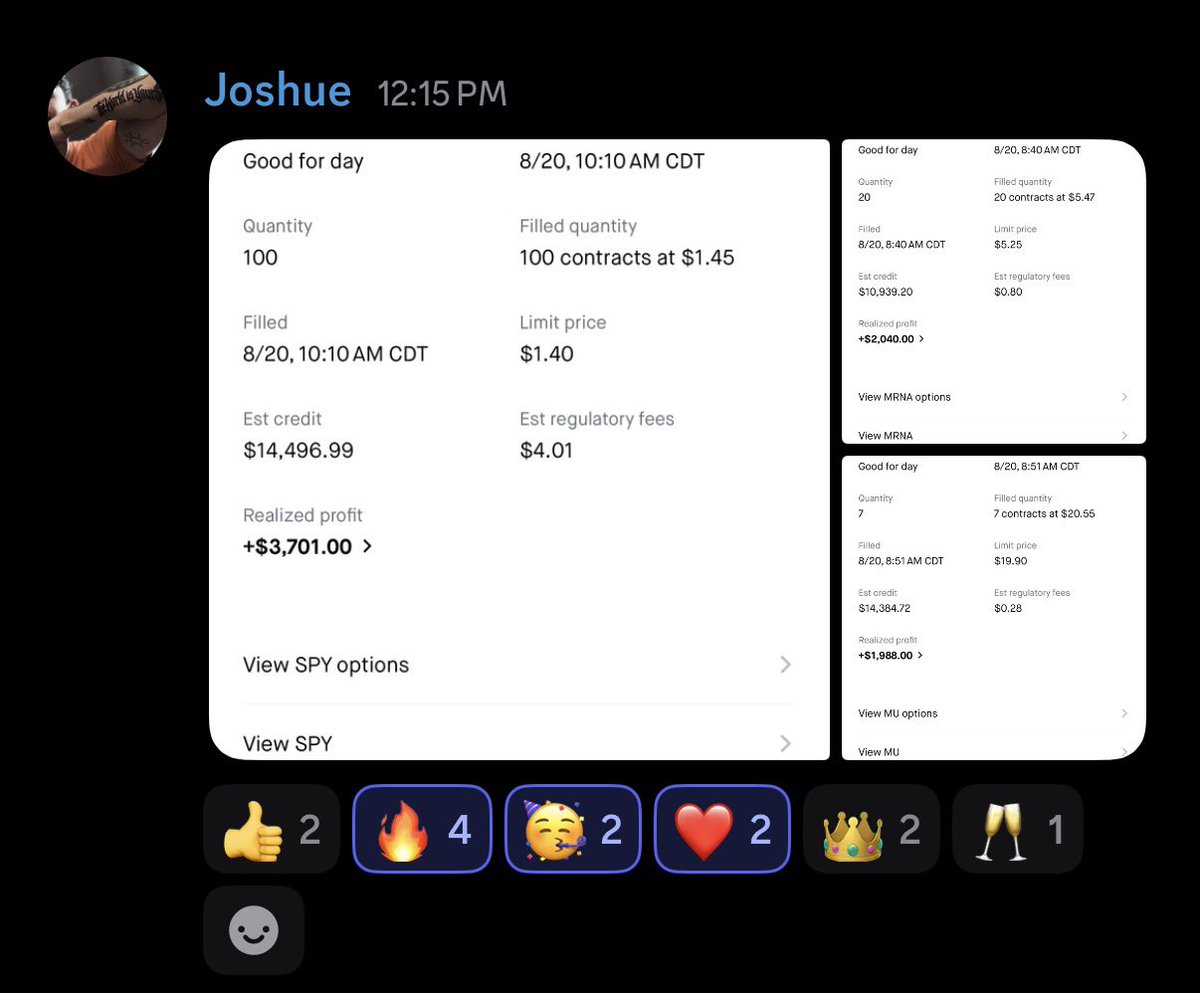 optextrades's tweet photo. Members killed it again in the discord today!!! 🥳👏
$MU $MRNA $SPY https://t.co/qfvWJLp8wP