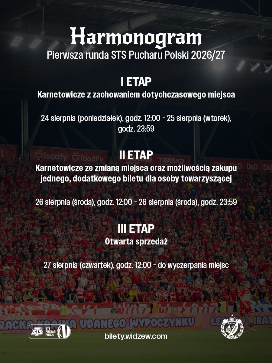 RTS_Widzew_Lodz's tweet photo. Sprzedaż biletów na mecz @PZPNPuchar z Koroną Kielce ruszy w poniedziałek o godz. 12:00 🏆

Pierwszy etap będzie przeznaczony dla karnetowiczów, którzy chcą zachować dotychczasowe krzesełko na stadionie 💺

W drugiej fazie posiadacze abonamentów będą mogli zmienić miejsce oraz zakupić jedną wejściówkę dla osoby towarzyszącej 🤝🏻

Otwarta dystrybucja zacznie się w czwartek 🎟️

Ceny, z wyłączeniem sektorów A5/A6/A7/A8, pozostaną takie same jak w przypadku ligowego spotkania 🏟️

Szczegóły: https://t.co/FzCkmH6uru