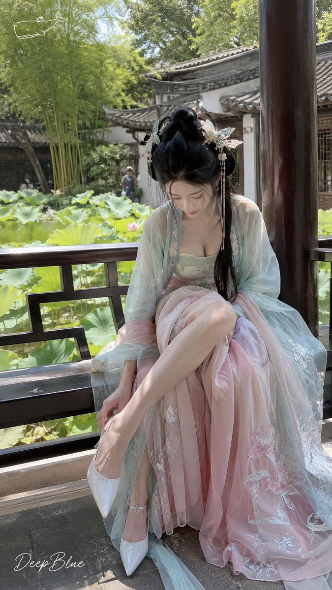 DeepBlueXAI's tweet photo. 感觉哪里不对，又说不上来～

🐋 GPT image 2 Prompt:

9:16竖幅｜成年东方女性｜纤细自然比例｜宋制夏日汉服妆造｜古典高髻＋左右小圆髻＋长黑发｜淡蓝蝴蝶、白玉珠花、细长步摇｜清透淡妆｜浅湖青抹胸＋轻薄对襟短褙子＋浅荷粉宋制百迭长裙＋薄纱披帛｜莲花、荷叶、水波细纹刺绣｜轻盈透气、清凉自然。

盛夏江南园林｜临水回廊＋荷塘＋大片荷叶荷花＋竹影＋红木廊柱＋灰瓦＋浓绿树木｜人物坐在黑木长椅上，身体前倾低头穿白色尖头细高跟鞋，一条腿抬起交叠伸向左下前景，手扶鞋跟，另一条腿自然弯曲，裙摆与披帛自然铺落｜iPhone近距离自然抓拍｜树荫散射光＋斑驳阳光｜微风、发丝与薄纱轻动｜真实皮肤、真实布料、生活化幕后瞬间｜湖水青＋嫩荷绿＋浅荷粉为主，明亮清凉的盛夏江南氛围。

左上角极简抹香鲸线稿；左下角手写署名“DeepBlue”。