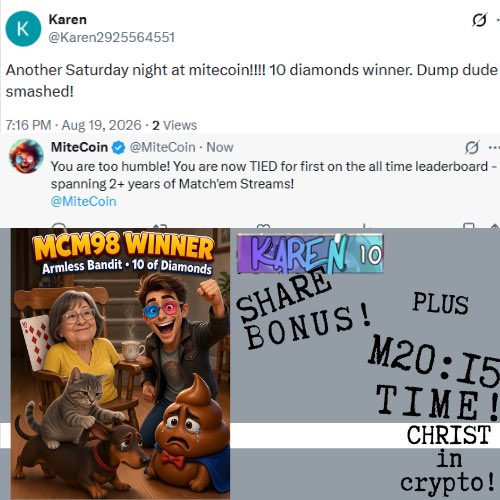 MiteCoin's tweet photo. It may seem like we have seen Karen a lot lately, but she is simply riding the odds. She has been a consistent OG player for over 2 years and although she started off with some brutal defeats from Dump Dude, stats are gonna stat. The more you plug in, the better your chances of winning.

I am very thankful for her involvement in our fellowship!
