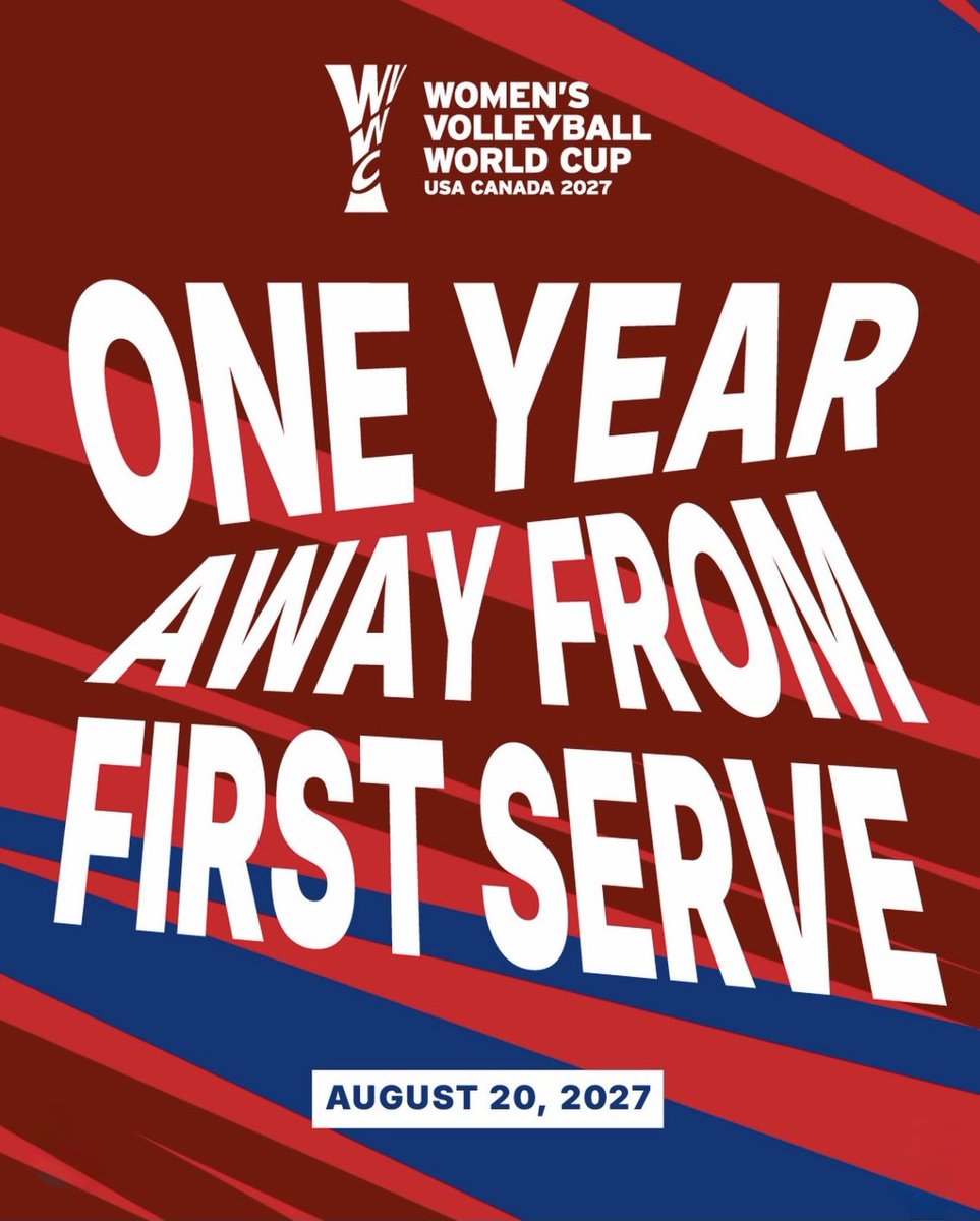 joshdoit8's tweet photo. ONE YEAR TO GO! 

Exactly one year from today, August 20, 2027, magkikita-kita ang volleyball world as the Women’s Volleyball World Cup officially kicks off in 🇺🇸 USA and 🇨🇦 Canada!

The countdown starts NOW. Isang taon na lang! 🏐😍 https://t.co/FMZOsK8KVv