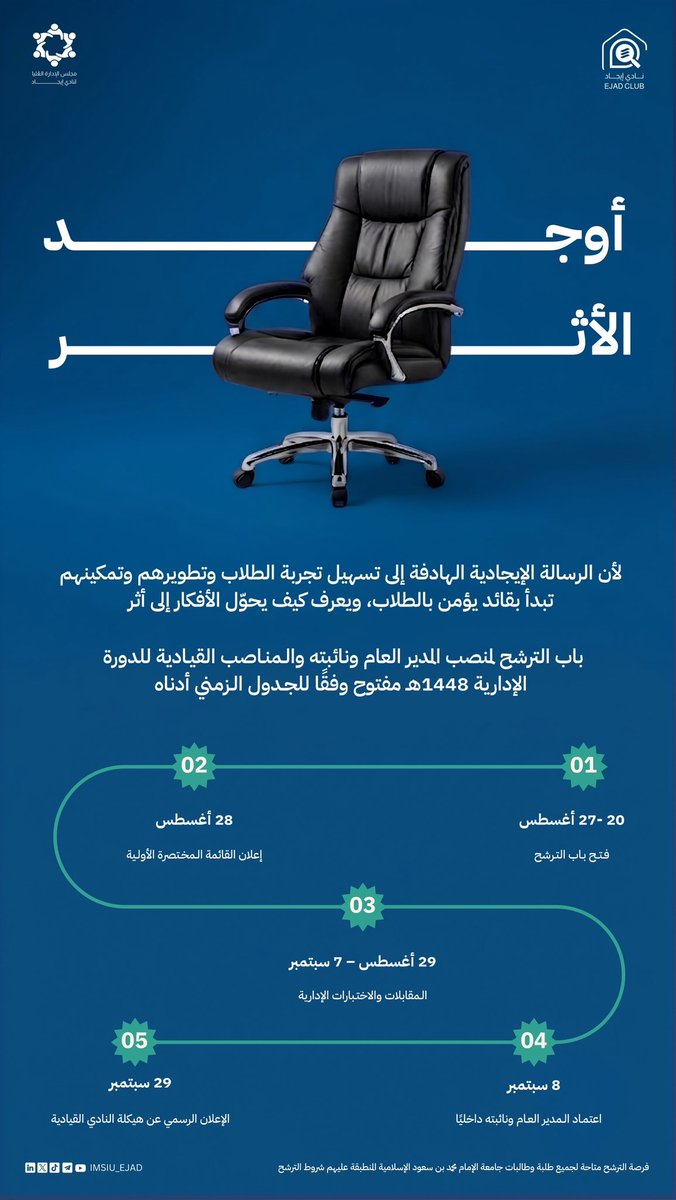 IMSIU_EJAD's tweet photo. أوجِد الأثر.

لأن الرسالة الإيجادية الهادفة إلى تسهيل تجربة الطلاب وتطويرهم وتمكينهم، تبدأ بقادة يؤمنون بالطلاب، ويعرفون كيف يحوّلون الأفكار إلى أثر.

سعيًا إلى دعم الكفاءات المتميزة في الجامعة، يعلن مجلس الإدارة العليا بنادي إيجاد عن فتح باب الترشح لمنصب المدير العام ونائبته والمناصب القيادية للنادي للدورة الإدارية للعام الدراسي 1448هـ.

فرصة الترشح متاحة لجميع طلبة #جامعة_الإمام المنطبقة عليهم شروط الترشح المرفقة.

رابط الترشح 🔗
https://t.co/gJbPITsQyh

#أوجِد_الأثر
