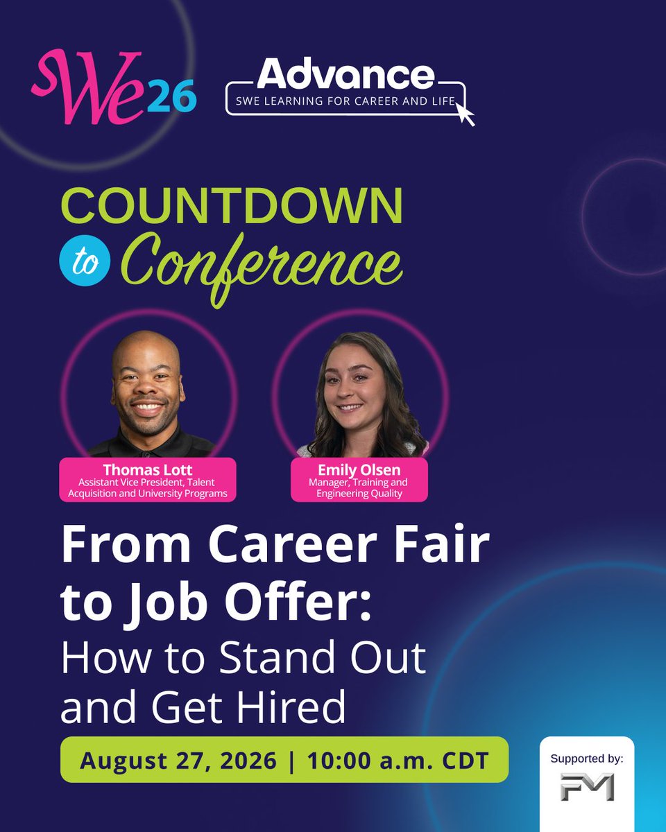 SWEtalk's tweet photo. Get career fair ready before #WE26! 🎯
Join us Aug. 27 for practical tips to stand out with recruiters, navigate interviews, ask better questions and follow up effectively.
Free and open to all!
Register today: https://t.co/TykApq1vaT
#RadiateChange #SWE #CareerDevelopment https://t.co/KCzd44lMTh