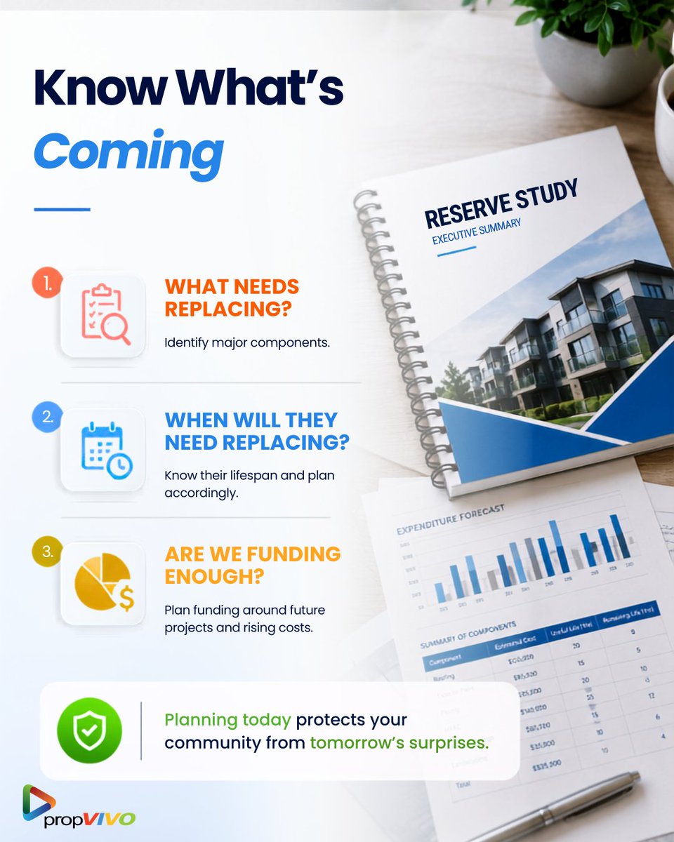 propvivo's tweet photo. A reserve study shouldn't sit in a board folder.

Use it to ask:
What’s coming? When? How much? Are we funding enough? What should we decide now?

Good reserve planning turns future surprises into today’s decisions.

#HOABoard #ReservePlanning #WashingtonHOA https://t.co/4RWWw6rxev