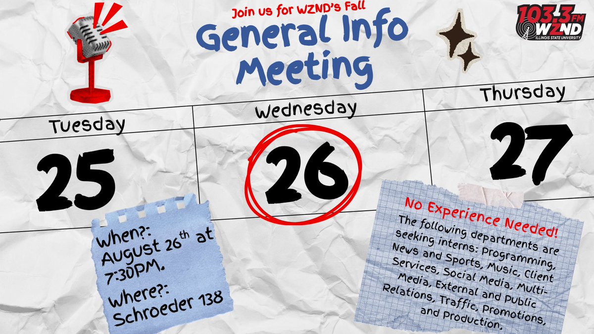 WZND's tweet photo. Are you interested in joining WZND? Check out our General Info Meeting on August 26th at 7:30PM in Schroeder Hall 138! 🎶 https://t.co/UnKAa7K8fh