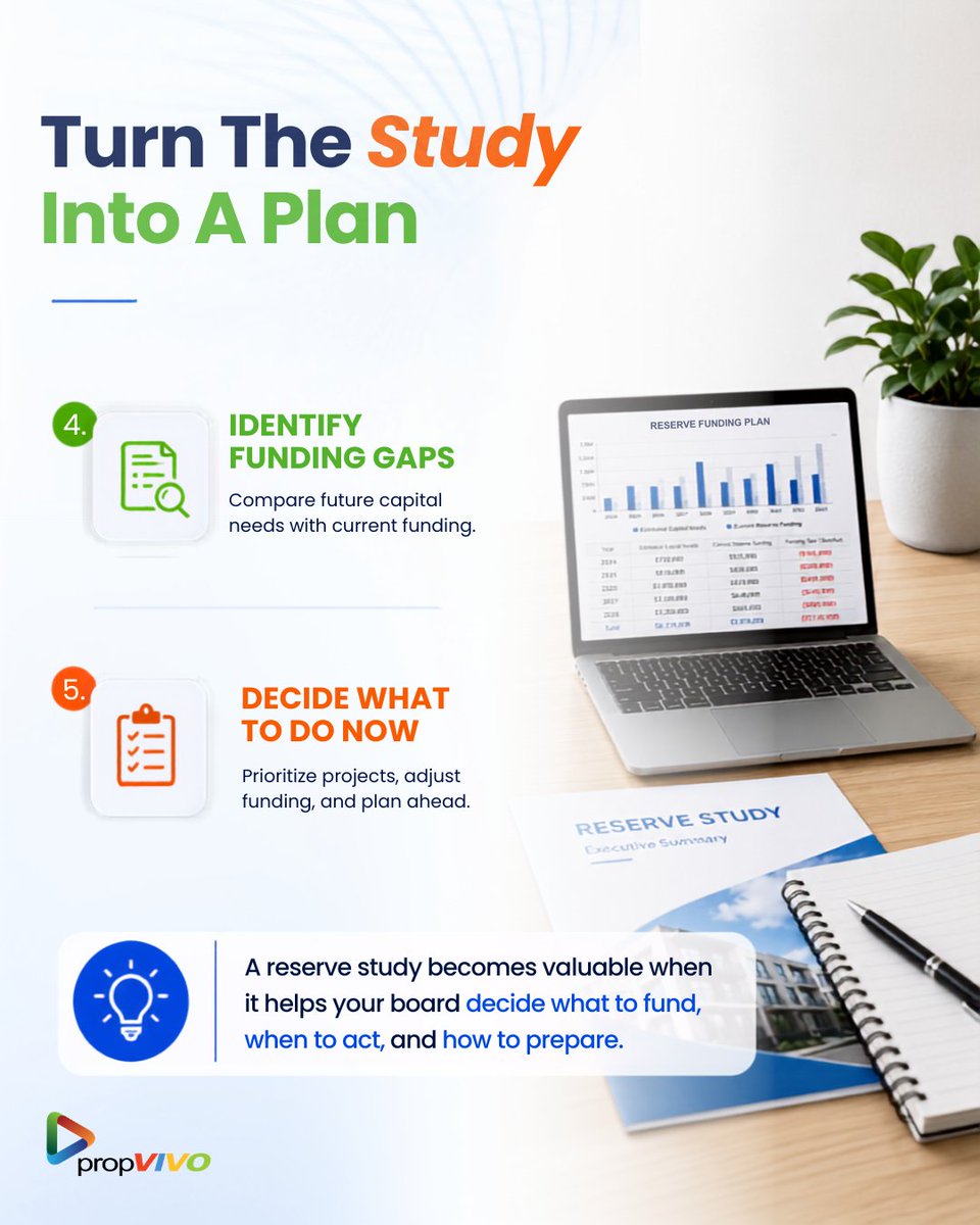propvivo's tweet photo. A reserve study shouldn't sit in a board folder.

Use it to ask:
What’s coming? When? How much? Are we funding enough? What should we decide now?

Good reserve planning turns future surprises into today’s decisions.

#HOABoard #ReservePlanning #WashingtonHOA https://t.co/4RWWw6rxev
