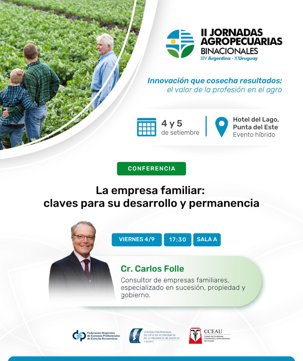 CCEAU1's tweet photo. 🌾 Muchas de las empresas agropecuarias más importantes del país son también empresas familiares.

🤝 Compatibilizar los vínculos personales con la gestión del negocio, planificar la sucesión y construir acuerdos son algunos de los desafíos que inciden directamente en su continuidad y crecimiento.

🎤 El Cr. Carlos Folle abordará estos temas en la conferencia "La empresa familiar: claves para su desarrollo y permanencia", en el marco de las II Jornadas Agropecuarias Binacionales.

📅 Viernes 4 de setiembre, de 17:30 a 18:15
📍 Hotel del Lago, Punta del Este

🌱 Innovación que cosecha resultados: el valor de la profesión en el agro.

🔗 Conocé el programa e inscribite: https://t.co/9MyaGOwGcG