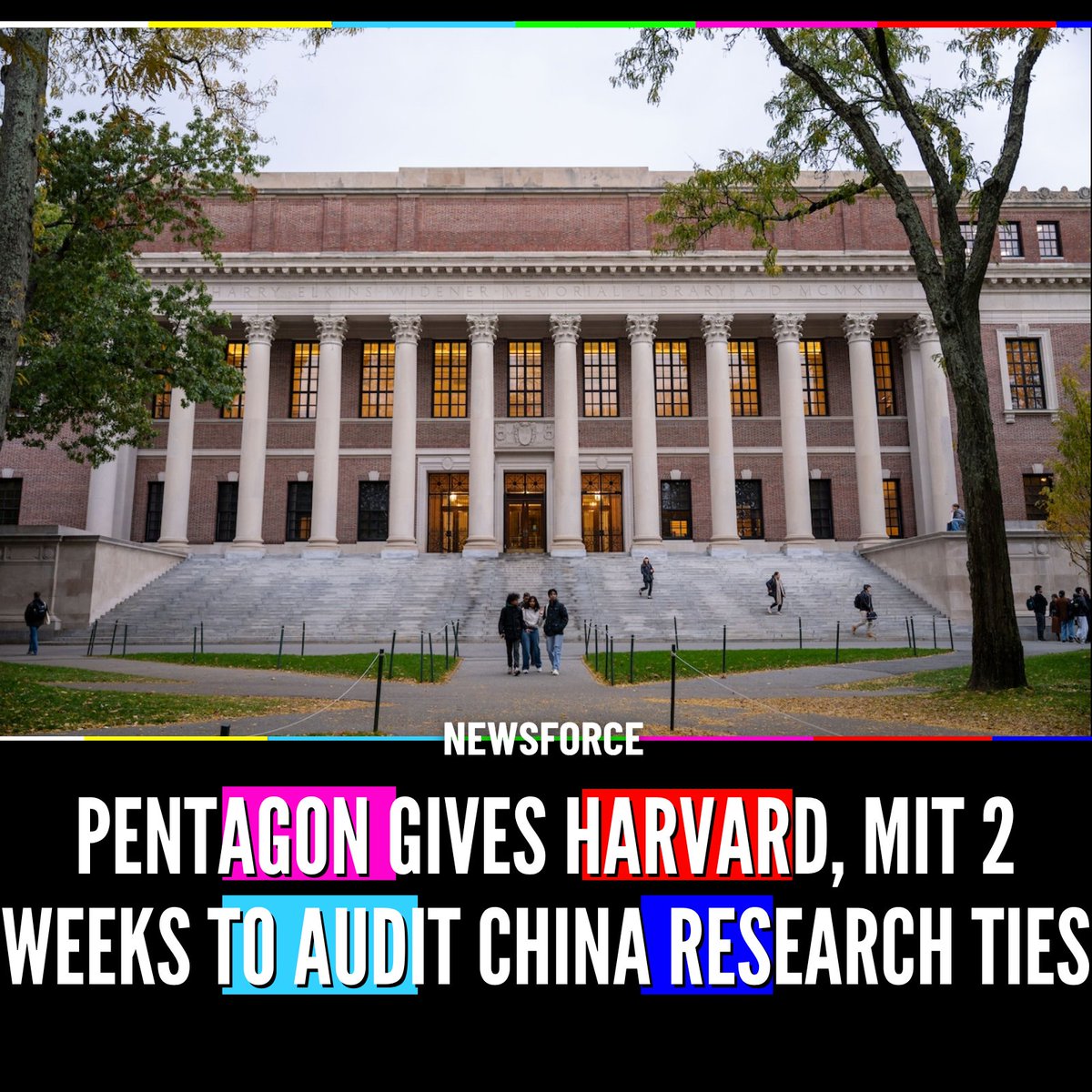 Newsforce's tweet photo. 🇺🇸Harvard, MIT, Johns Hopkins and 27 other U.S. universities have been ordered by the Pentagon to audit their research ties to China and other “entities of concern” by August 31 or risk losing federal research money. 

Higher-ed officials say the DOD implied misconduct without publishing evidence, while the House China committee is demanding real consequences for partnerships with PLA-linked labs. 

The universities have 2 weeks to review those relationships and, if necessary, shut them down.