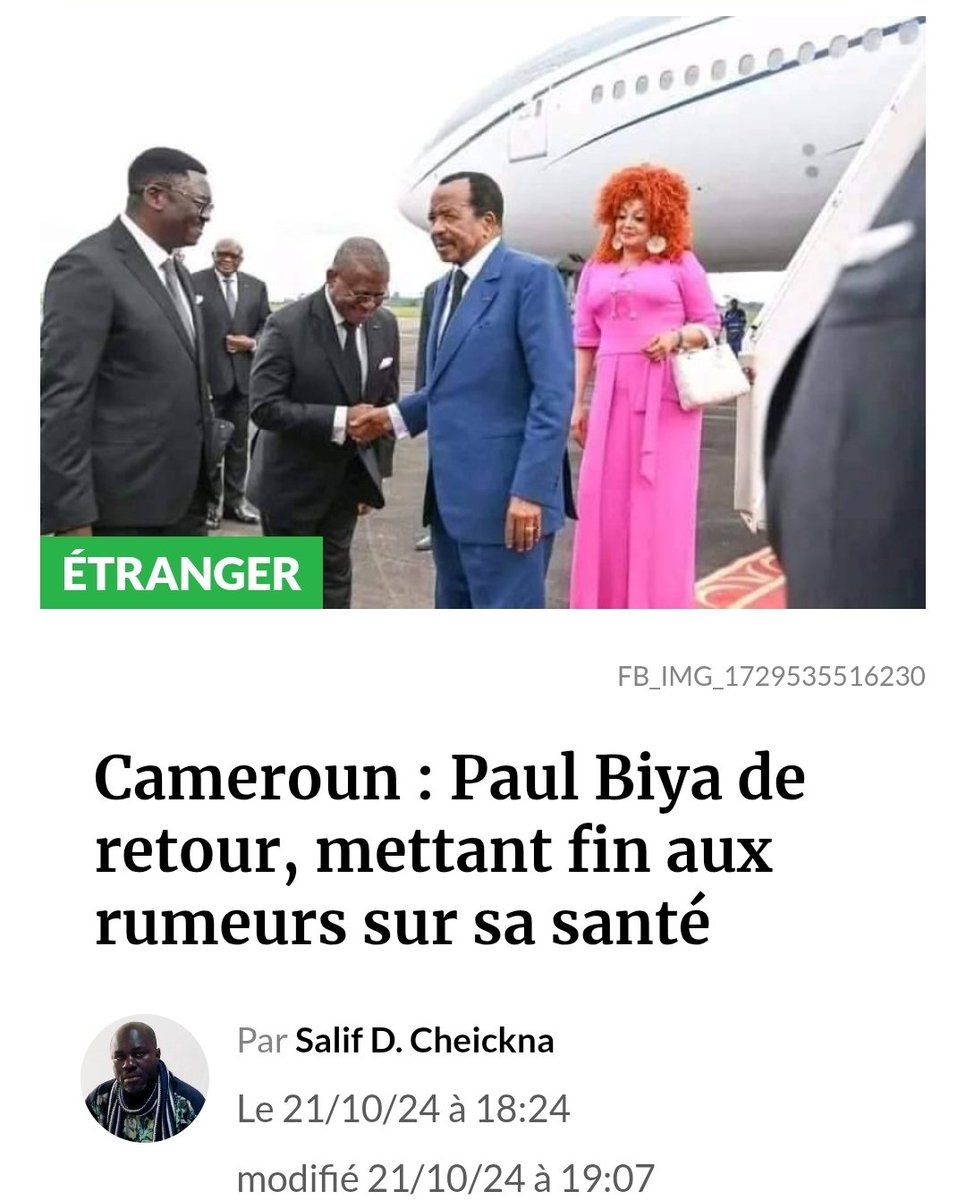 L_Kmer237's tweet photo. Retour du dictateur Paul Biya en 2024.

Qui a vu une vidéo de lui à son arrivée aujourd'hui ?

Finissez de manipuler les Camerounais, puis la vérité se saura.
#cameroun https://t.co/GkgNPVDUcQ