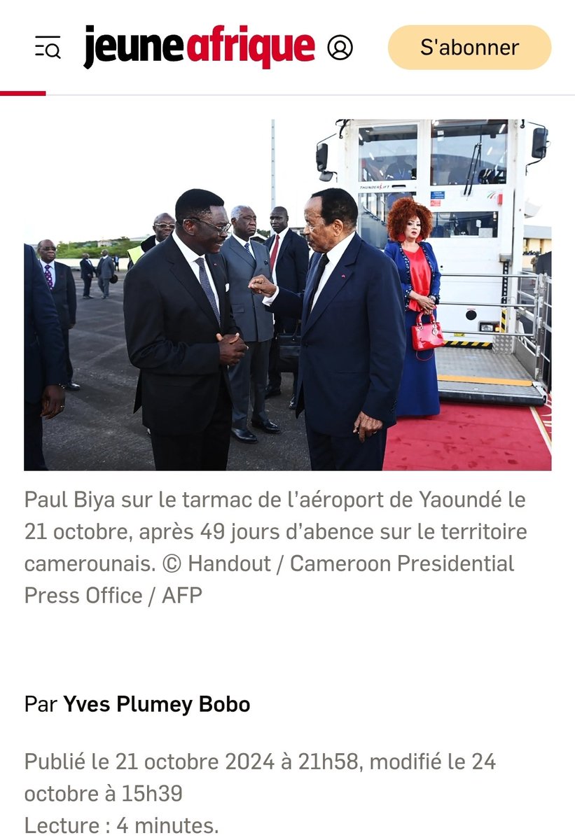 L_Kmer237's tweet photo. Retour du dictateur Paul Biya en 2024.

Qui a vu une vidéo de lui à son arrivée aujourd'hui ?

Finissez de manipuler les Camerounais, puis la vérité se saura.
#cameroun https://t.co/GkgNPVDUcQ