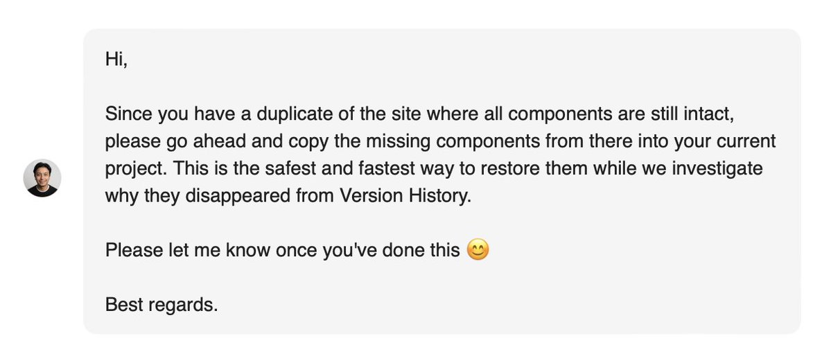 Ingiatlas's tweet photo. Overnight server-side corruption destroyed our @framer project. Version restores fail. Duplicates fail. Our production site is frozen. Support's response attached. We're rebuilding from scratch tonight. Full breakdown:
https://t.co/jkMokRaoN7 https://t.co/TxNfnhbani