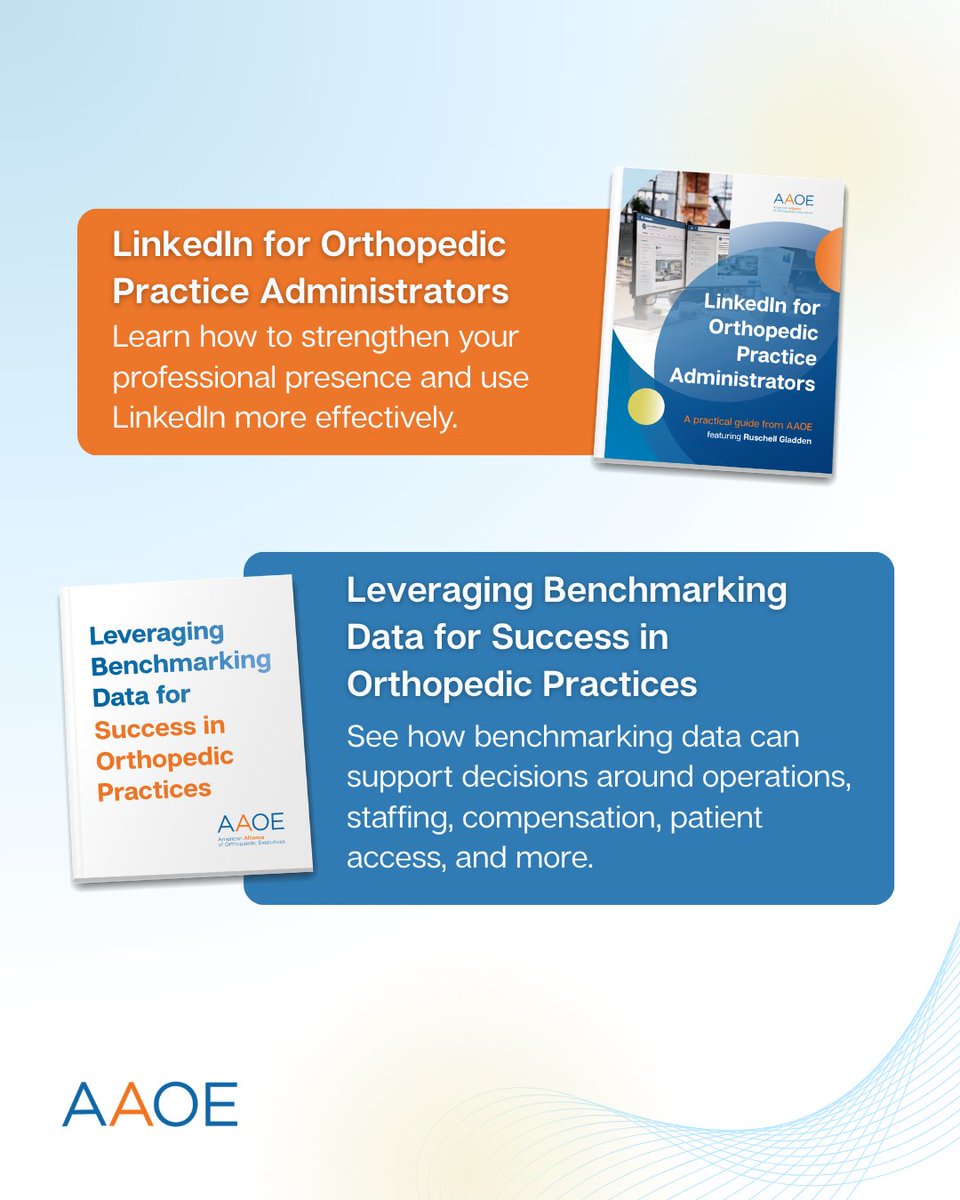 AAOE_OrthoExec's tweet photo. There’s an AAOE resource for that. 📚
Explore 4 e-books covering advocacy, practice management, industry terminology + LinkedIn, plus a benchmarking whitepaper built around real practice decisions.
https://t.co/aGiIKKSDr3
#MSK #Ortho #Musculoskeletal #PracticeExecutive https://t.co/Uo7GFySLlH