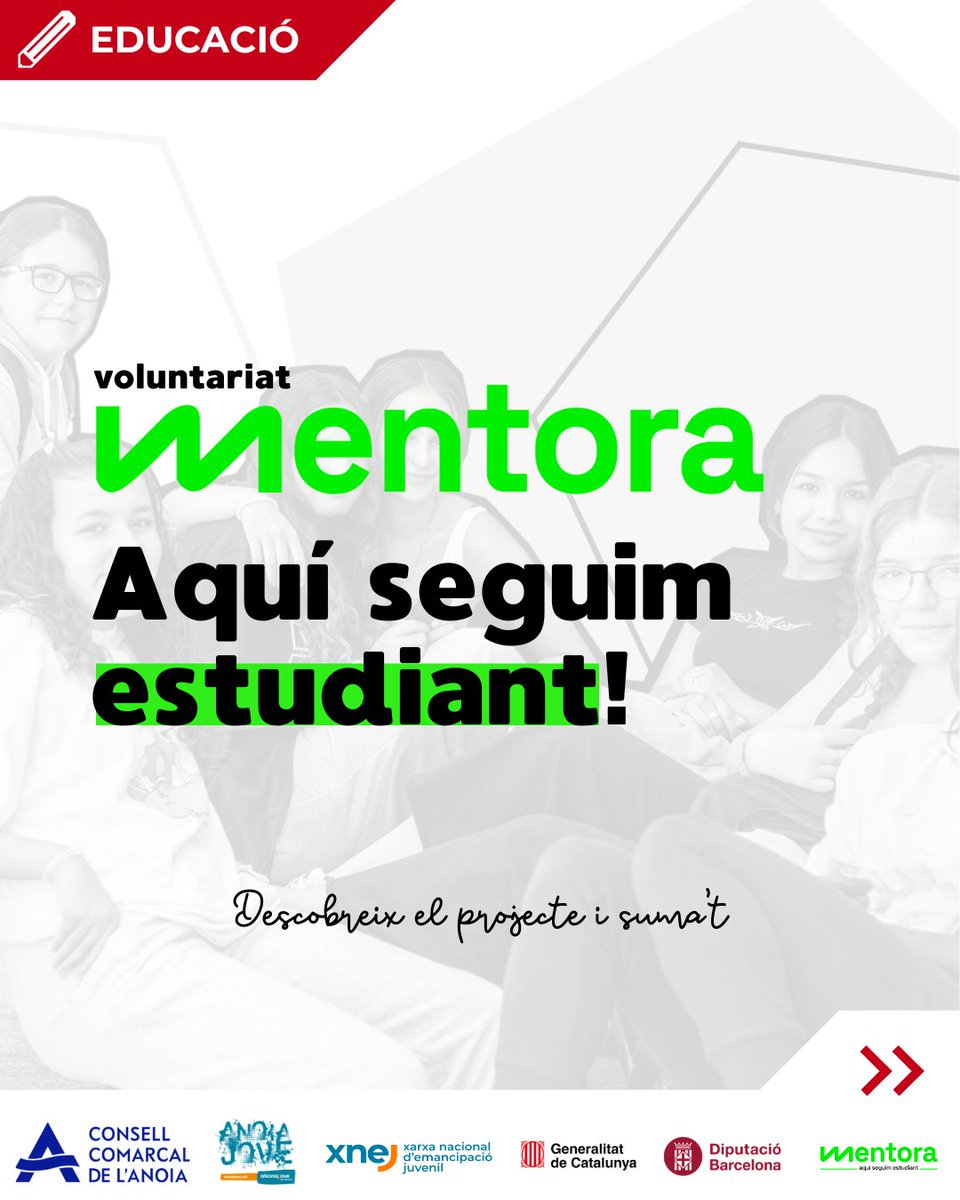 ConsellAnoia's tweet photo. 📢 Busquem persones voluntàries per fer de mentores d’adolescents!
👫 Acompanya un noi o noia de 3r o 4t d’ESO que necessita suport per continuar estudiant.
👉 Formació + una sessió setmanal per compartir activitats, converses i sortides.

ℹ️ https://t.co/ZSRn3WgSfU https://t.co/Ft01yokyds
