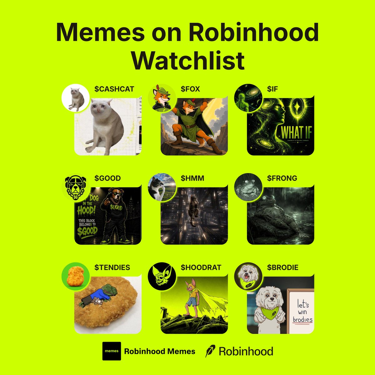 MemesRobinhood's tweet photo. Memes on Robinhood Watchlist

▫️ $CASHCAT

▫️ $FOX

▫️ $IF

▫️ $GOOD

▫️ $HMM

▫️ $FRONG

▫️ $TENDIES

▫️ $HOODRAT

▫️ $BRODIE

which ones are you watching? 👇 https://t.co/bM3wM6VfpD