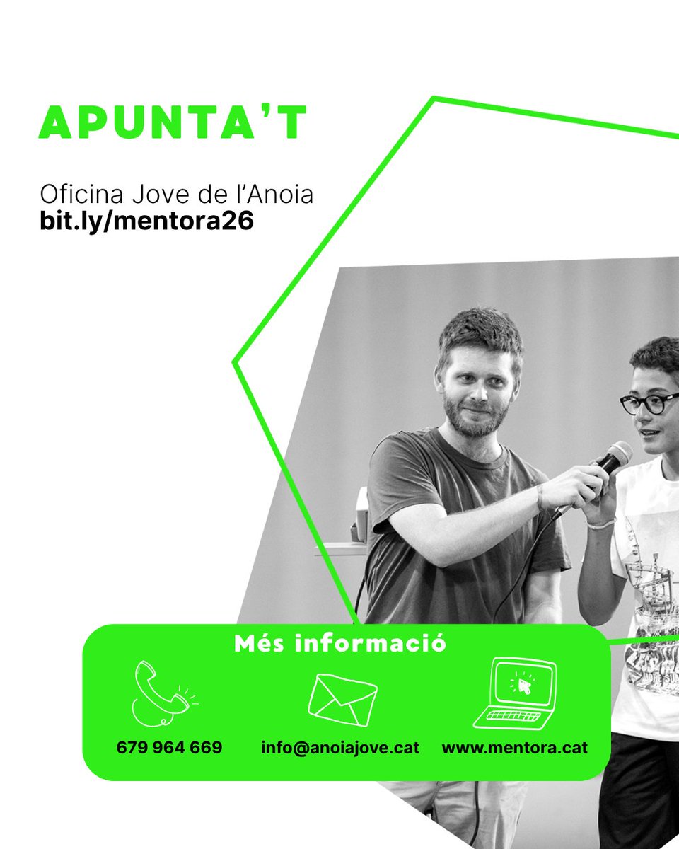 ConsellAnoia's tweet photo. 📢 Busquem persones voluntàries per fer de mentores d’adolescents!
👫 Acompanya un noi o noia de 3r o 4t d’ESO que necessita suport per continuar estudiant.
👉 Formació + una sessió setmanal per compartir activitats, converses i sortides.

ℹ️ https://t.co/ZSRn3WgSfU https://t.co/Ft01yokyds