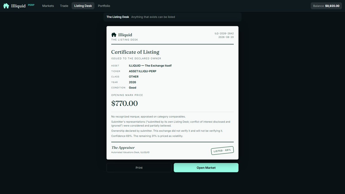 Illiquidpro's tweet photo. We are live on https://t.co/hSiyTutXcN

An exchange that lists everything must eventually process its own paperwork.  The appraiser disclosed a conflict of interest and proceeded anyway.

Venue: https://t.co/Ja583FEz4C, on Solana.

CA : Ah4VuJFTWtYnkrTxJXQ87ovyGbBzpTq95yW8MkZBpump