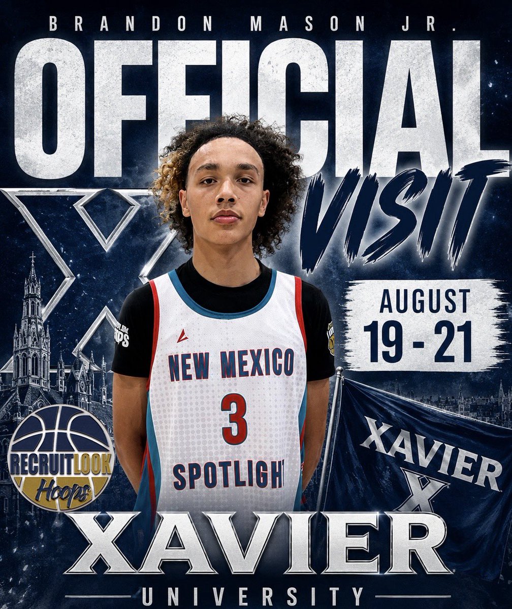 CoachTreal2's tweet photo. Top70 (4⭐️) prospect Brandon Mason Jr., @BrandonMasonJR1 6’6 guard is on an official visit to Xavier this week (Aug 19–21) Coming off being named our #RLHoops OPOTY one of the most highly sought after prospects number one ranked player in NM https://t.co/cWXNq8APWo