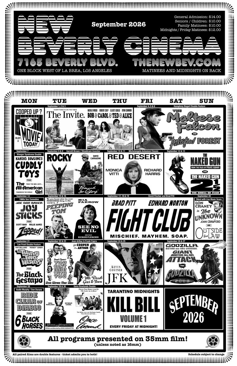 newbeverly's tweet photo. From silent classics to one of the year’s most lauded hits, this September the New Bev presents a full slate of film projected in 35mm. Plus, the triumphant return of our Friday Matinee series! Share with friends and let us know what you’re most excited to see. https://t.co/bAFgCVNubC