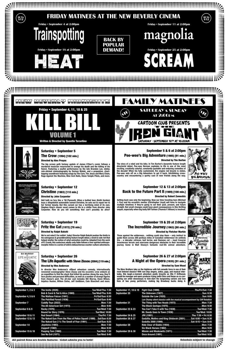 newbeverly's tweet photo. From silent classics to one of the year’s most lauded hits, this September the New Bev presents a full slate of film projected in 35mm. Plus, the triumphant return of our Friday Matinee series! Share with friends and let us know what you’re most excited to see. https://t.co/bAFgCVNubC