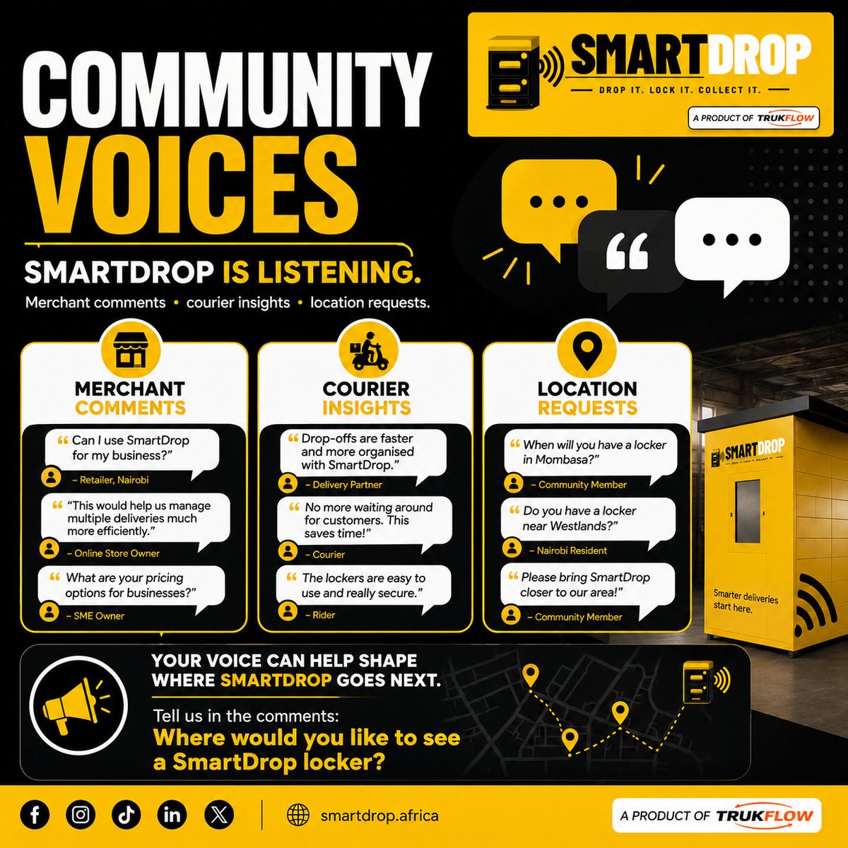 Trukflow's tweet photo. We’re listening. 💬
Merchants are asking questions.
Couriers are sharing insights.
Communities are requesting locations.

📍 Where would you like to see a SmartDrop locker?
Tell us below. 👇
🌐 https://t.co/RNjK3ROnw2
#SmartDrop #LastMileDelivery #SmartLockers #Logistics https://t.co/3bNBAGsMnp