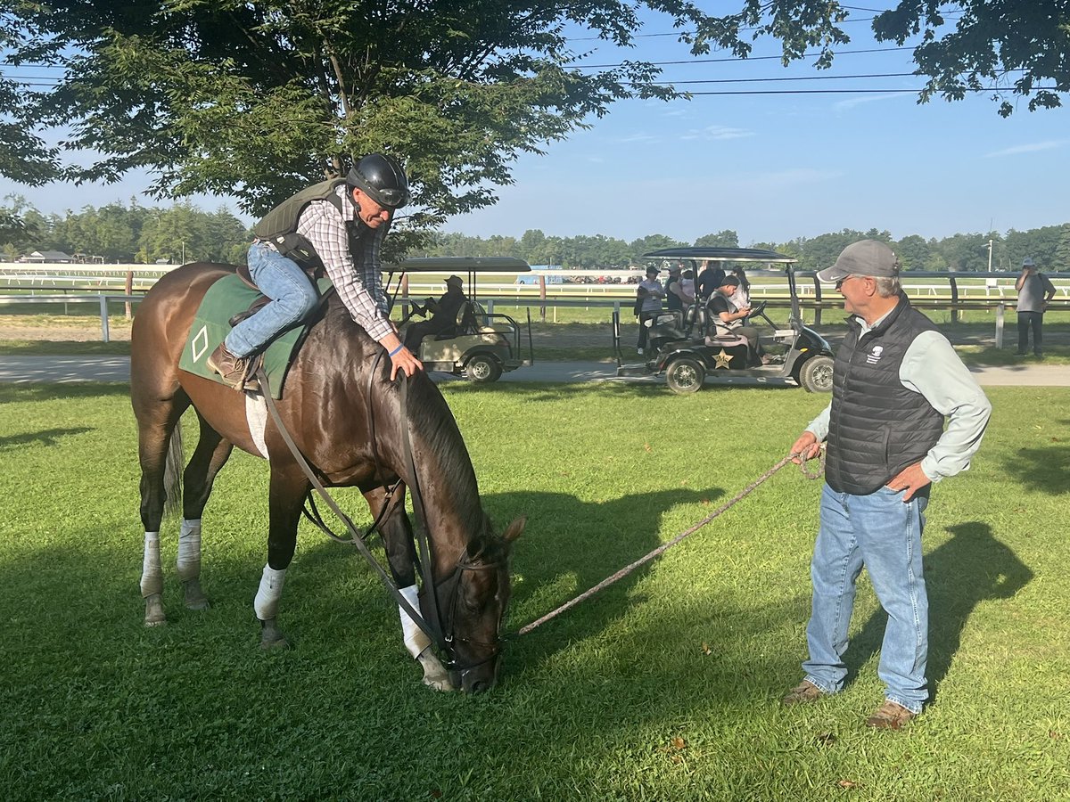 tjwilkin's tweet photo. Whitney winner Sovereignty, with assistant trainer Neil Poznansky on board, stretches his legs on the Oklahoma Training Track Thursday morning. HOF trainer Bill Mott lets the big horse do some yard work and jockey @JuniorandKellyA stops by to see his partner. https://t.co/1hhWk9Dz05