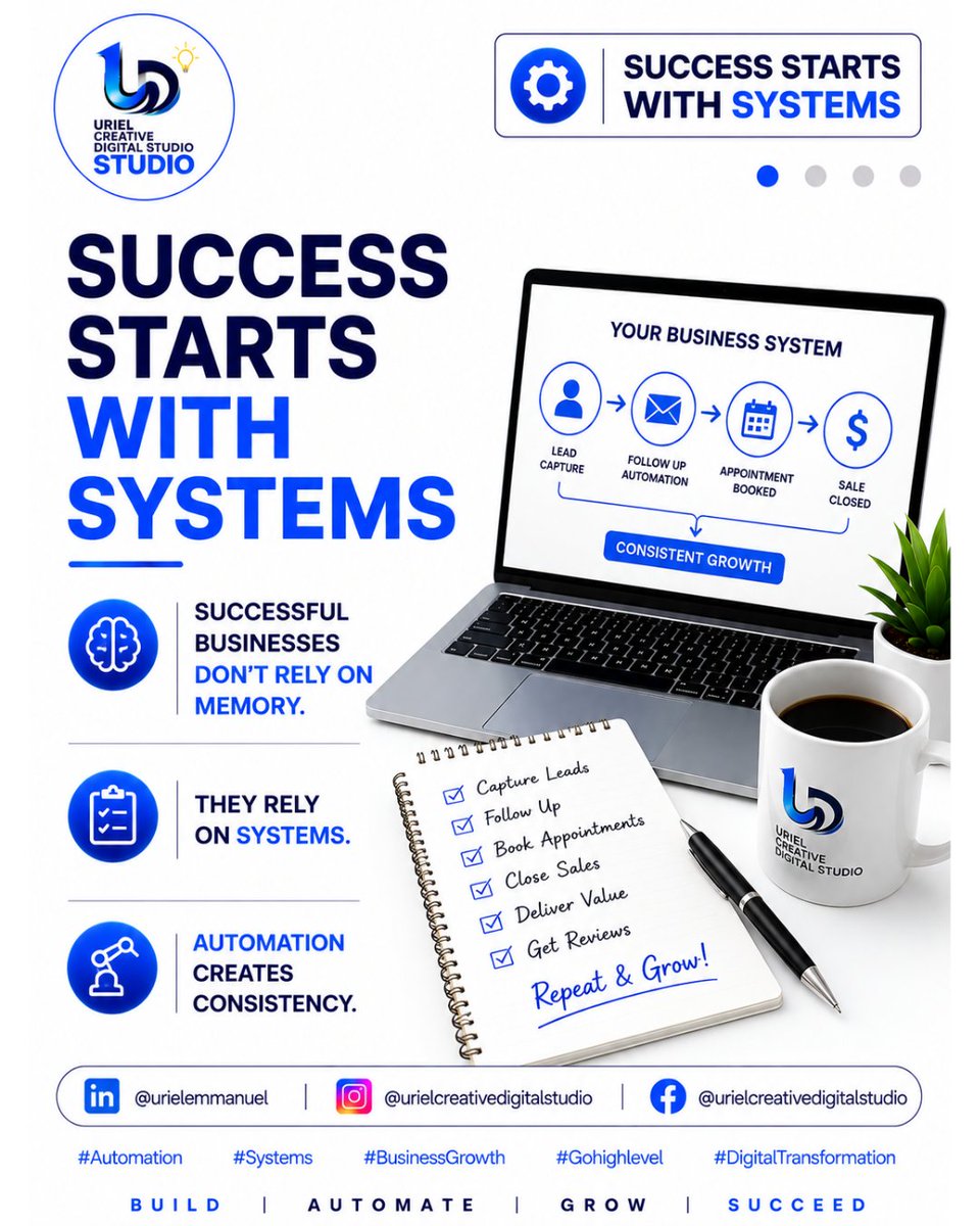 urielcreative's tweet photo. Success Starts With Systems
Successful businesses don't rely on memory.
They rely on systems.
Automation creates consistency.
#UrielCreativeDigitalStudio #Gohighlevel #AIStudio
Contact Me: GHL AI Studio VA:
WhatsApp (+234): 0805 084 4673
Email: urielcreativedigital@gmail.com https://t.co/6uGc5ZJ0tO