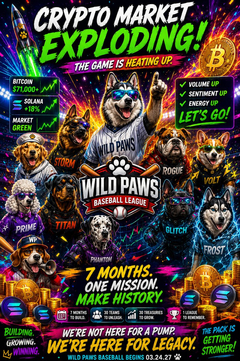 WildPawsBL's tweet photo. 🚀 CRYPTO IS EXPLODING TODAY.

Green candles everywhere.
Excitement is back.
Everyone is watching the market again.
But Wild Paws isn't launching because of one green day.
🐾 We've got months to build.
⚾ A league to develop.
🐶 30 teams to introduce.
🔥 A community to grow.

We're not chasing today's pump.

WE'RE BUILDING FOR MARCH 24, 2027.
Markets will go up.
Markets will go down.
The Wild Paws keep building. 🐾⚾
#WildPawsBaseball #pumpfun #Crypto #Solana #CryptoCommunity #Baseball #Web3 #MemeCoin #SportsCrypto #BuildForTheLongTerm