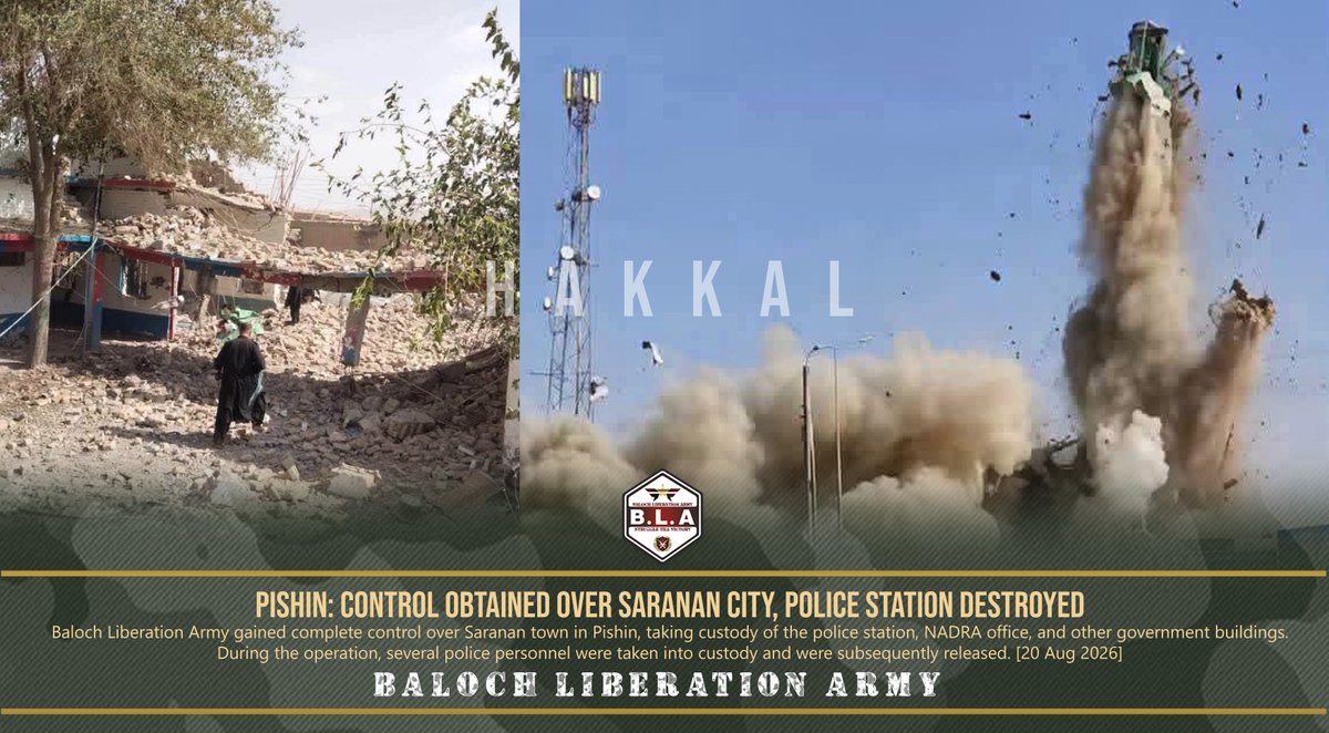 Osint_Media's tweet photo. 🚨 BLA Claims Control of Saranan Town, Police Station Destroyed in Saranan Tehsil, Pishin District, Pakistan-occupied Balochistan

‼️According to a statement by the Baloch Liberation Army (BLA), its fighters gained control of Saranan Town in Saranan Tehsil, Pishin District, Pakistan-occupied Balochistan, taking control of the police station, NADRA office, and other government buildings.

⭐ The group claimed that several police personnel were taken into custody and later released. It further claimed that a large quantity of weapons and ammunition was seized from the police station before the building was destroyed in an explosion.

⚠️  This report is based on claims made by the Baloch Liberation Army (BLA).