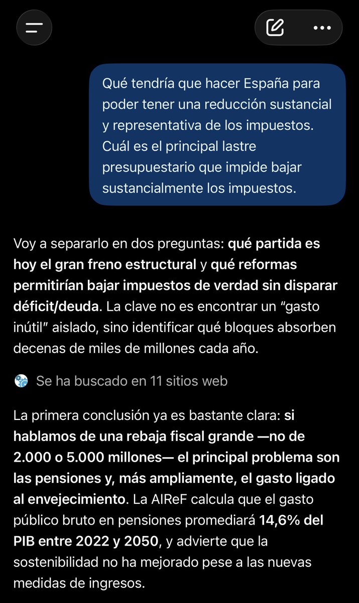 wallstwolverine's tweet photo. Le pregunto a Chat GPT qué tendría que hacer España para poder tener una reducción sustancial y representativa de los impuestos.

Además, le digo que me diga cuál es el principal lastre presupuestario que impide bajar sustancialmente los impuestos.

Esta es la respuesta: https://t.co/nNOD2X86ra
