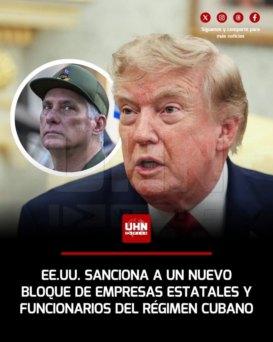 UHN_Plus's tweet photo. 🇺🇸🇨🇺‼️ | ÚLTIMA HORA — El Departamento del Tesoro de Estados Unidos designó a un nuevo bloque de empresas estatales cubanas y funcionarios del régimen bajo el programa de sanciones Cuba-EO14404. Entre las entidades sancionadas están Acinox Comercial, Consumimport, Metalcuba, Geominsal, Transimport, la corporación turística Coratur y el propio Ministerio de la Construcción de Cuba (MICONS). OFAC también designó a dos funcionarias del Instituto Cubano de Amistad con los Pueblos (ICAP), Leima Martínez Freire y Noemi Rabaza Fernández, y actualizó la lista de propiedades vinculadas al instituto, incluyendo la Casa de la Amistad y el Campamento Internacional Julio Antonio Mella en Artemisa. Con esta ronda, Washington amplía el cerco financiero sobre el aparato empresarial estatal que sostiene al régimen de La Habana.